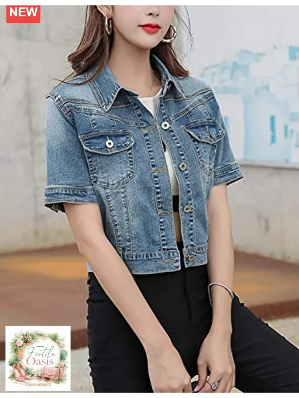 Womens Crop Denim Trucker Jacket Short Sleeve Summer Jean Coat